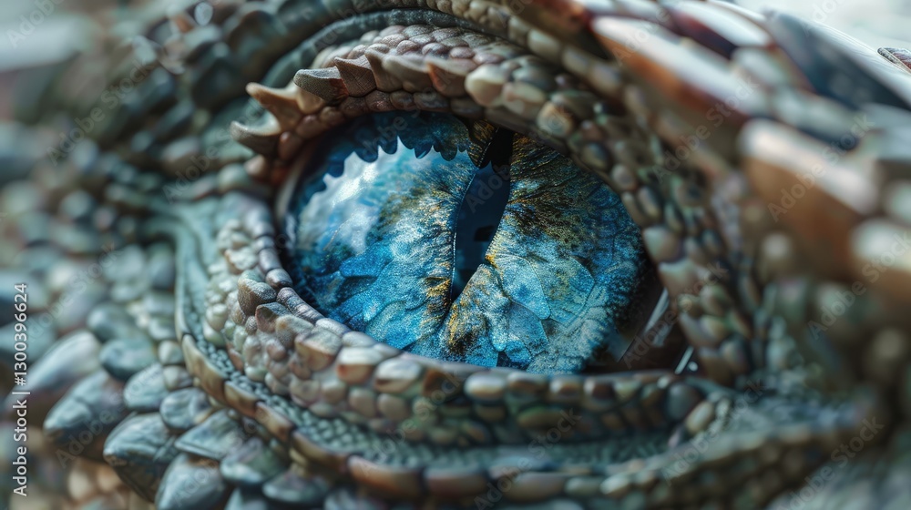 Fototapeta premium Close-up view of a dragon's eye showcasing intricate scales and vibrant colors, with a mystical landscape reflected in the iris