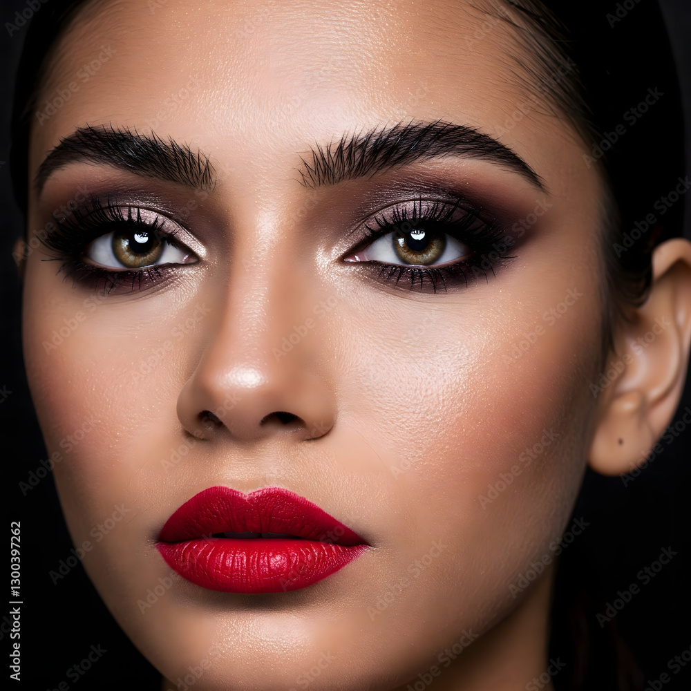 Elegant beauty portrait featuring a woman with bold red lips, smoky eye makeup, and flawless skin, exuding glamour and sophistication. Elegant beauty portrait featuring a woman with bold red lips, smoky eye makeup, and flawless skin, exuding glamour and sophistication.