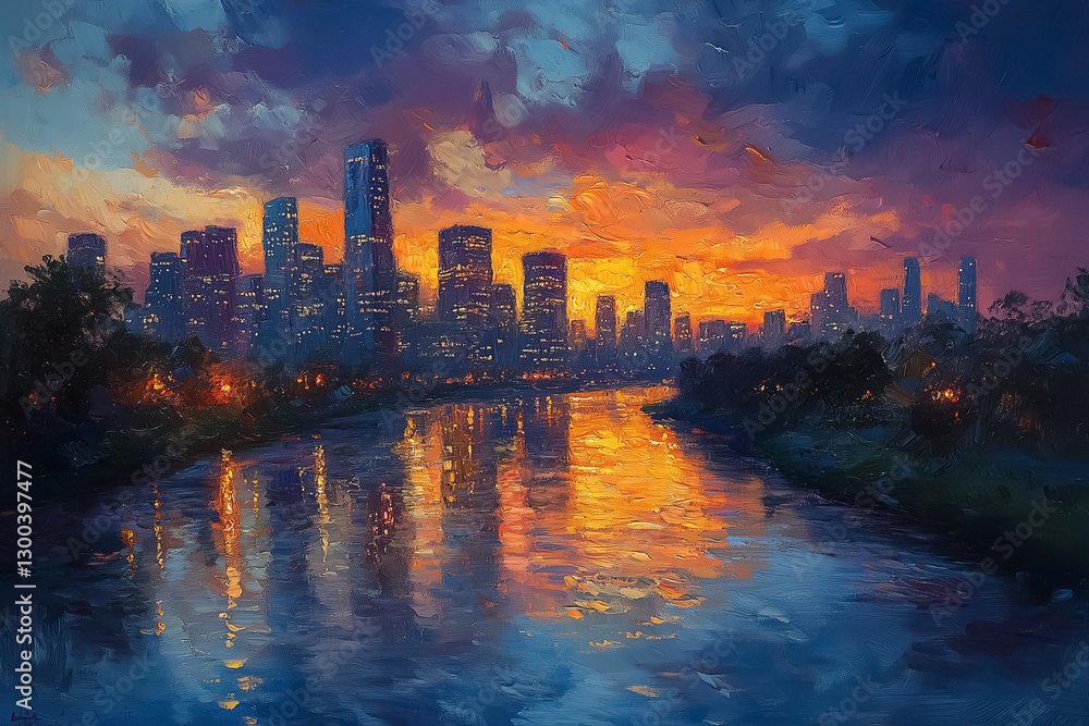 Fototapeta premium Dusk settles over the city, casting warm colors across towering skyscrapers