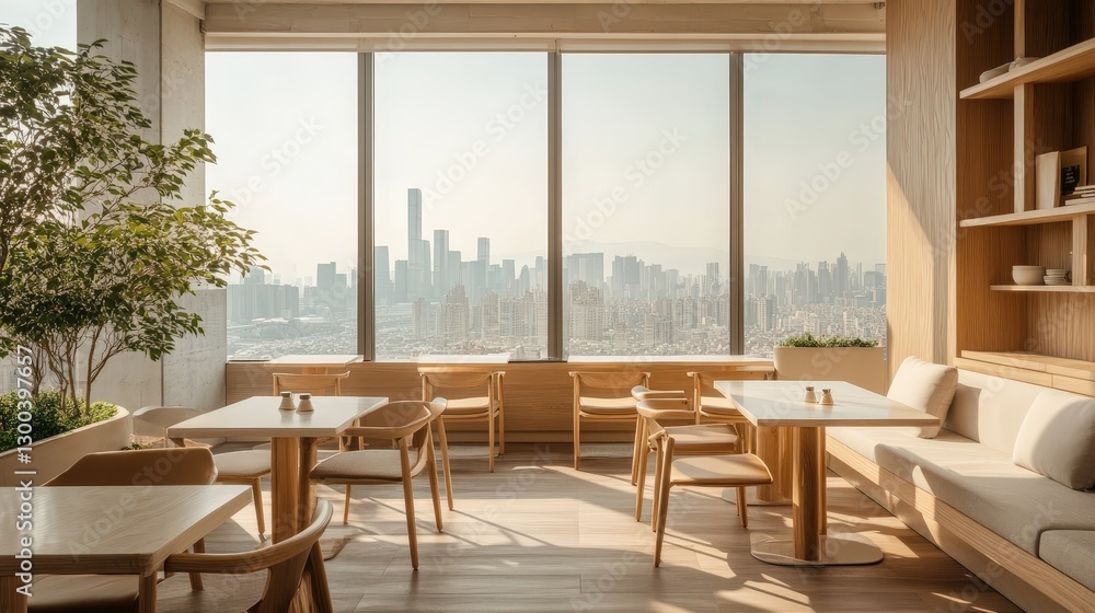 A minimalist rooftop with panoramic city views, neutral furniture, and a simple yet elegant coffee experience A minimalist rooftop with panoramic city views, neutral furniture, and a simple yet elegant coffee experience