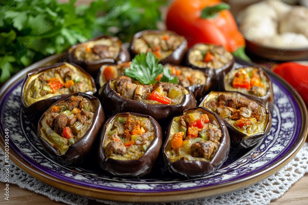 Plate with imam bayaldi - stuffed eggplants with vegetables and aromatic spices Plate with imam bayaldi - stuffed eggplants with vegetables and aromatic spices