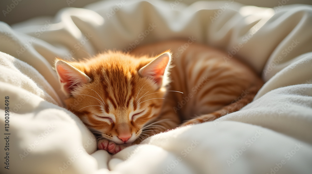 Naklejka premium Close-up Portrait Cute Adorable Sleeping Ginger Kitten on a Soft Bed - Sweet Orange Tabby Kitten Napping in Soft Warm Light Cream Bedding