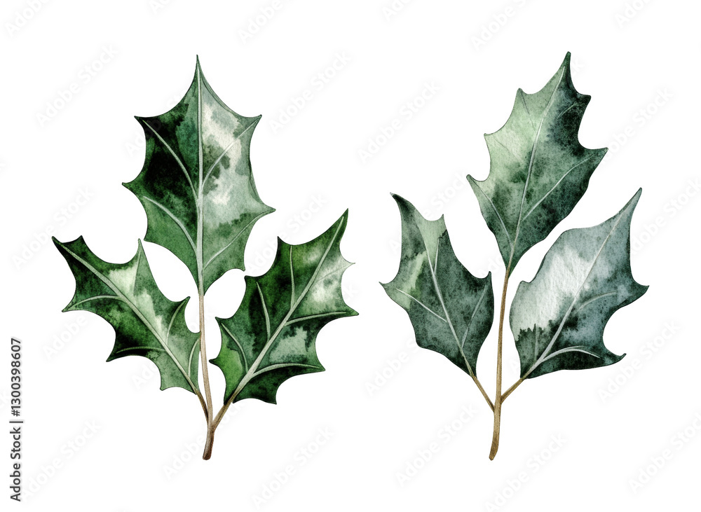 Fototapeta premium Holly leaves design for festive decoration and seasonal celebration during winter holidays, cut out