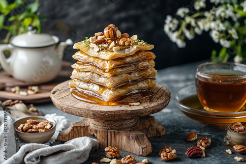 Turkish dessert baklava with nuts and honey on a wooden stand with tea photo