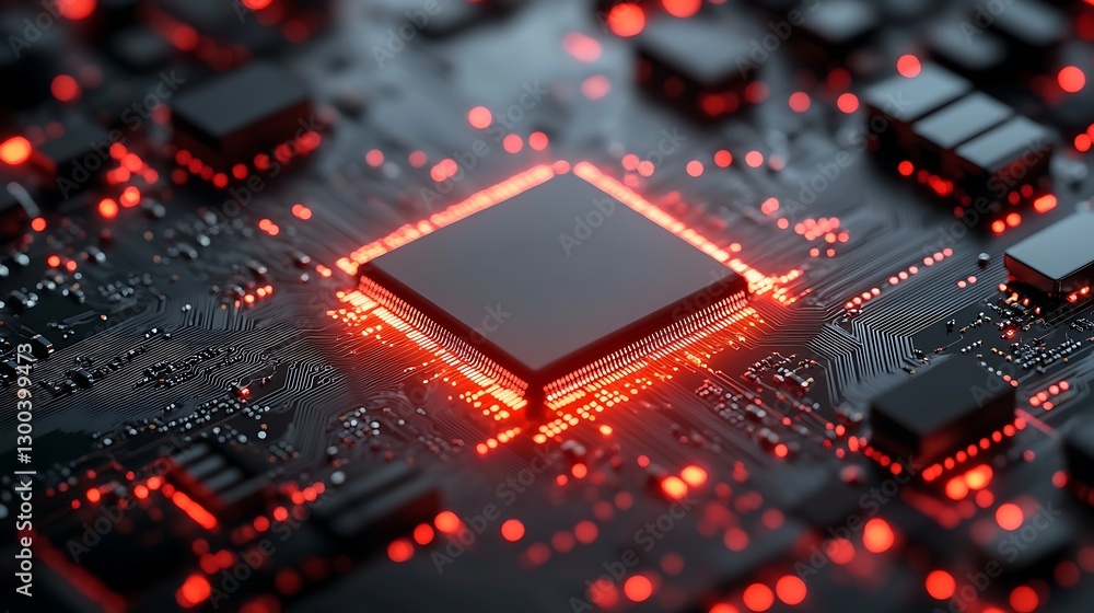 Central Processor Unit Illuminated Red On Circuit Board Central Processor Unit Illuminated Red On Circuit Board