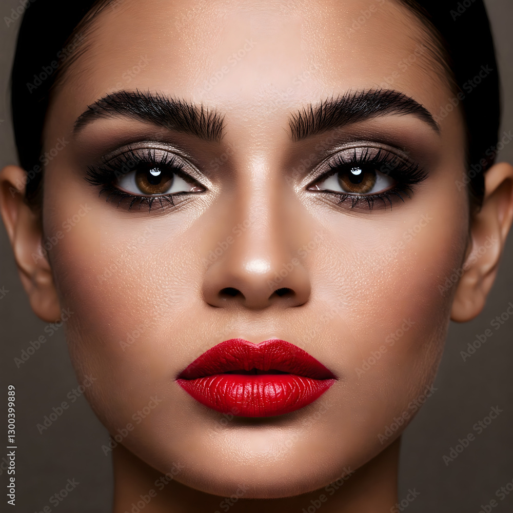 Elegant beauty portrait featuring a woman with bold red lips, smoky eye makeup, and flawless skin, exuding glamour and sophistication. Elegant beauty portrait featuring a woman with bold red lips, smoky eye makeup, and flawless skin, exuding glamour and sophistication.