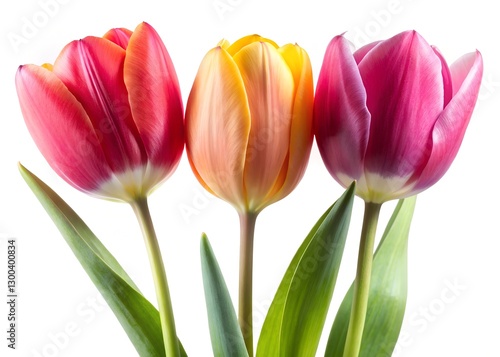 Floral trio featuring three tulips in pink, red, and yellow, set against a clean white background. Perfect for spring and floral designs.