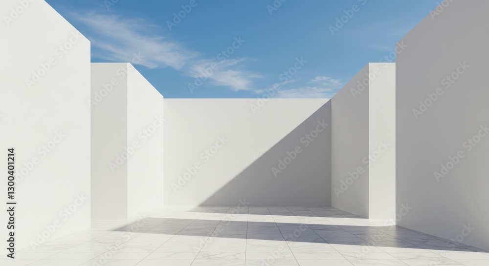Serene geometric architecture with white walls, soft shadows and bright sky Serene geometric architecture with white walls, soft shadows and bright sky