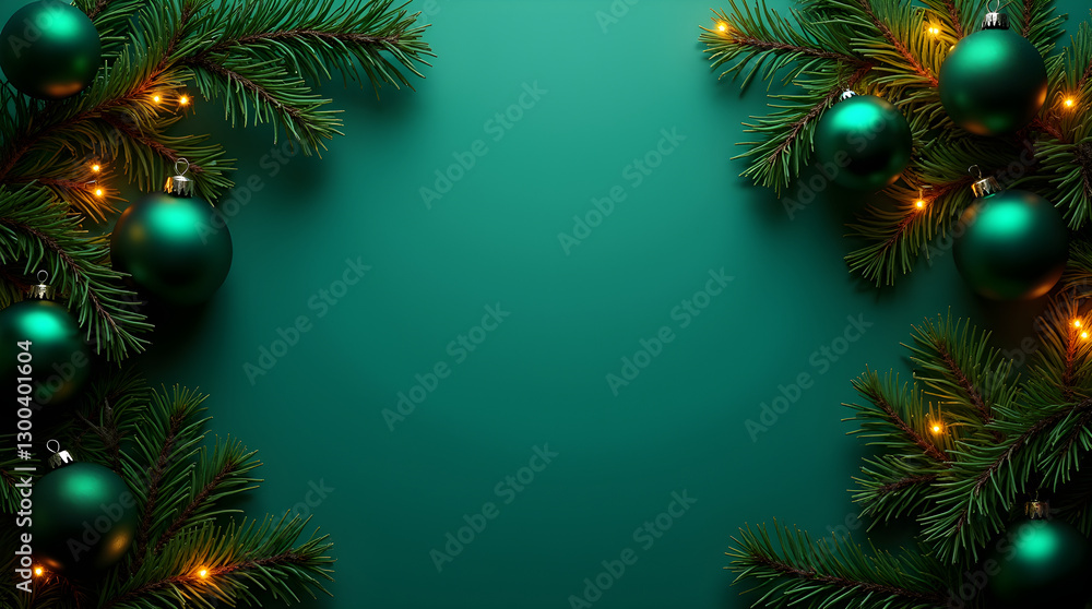 Fototapeta premium Lush Green Christmas Ornaments Pine Branches Warm Glowing Lights Teal Background Festive Holiday Still Life Creative Decor Setting View