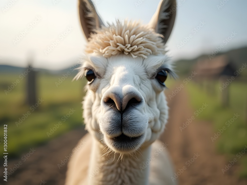 Obraz premium A close-up of a llama’s gentle face, featuring its soft fur, long lashes, and curious expression, with a blurry farm background creating a peaceful atmosphere.