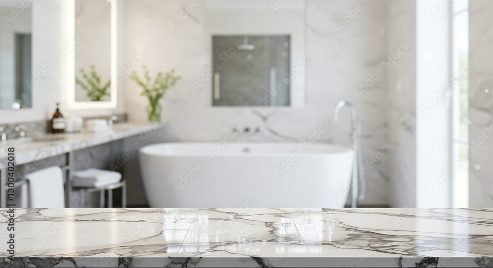 Fototapeta premium Marble table top with blurred bathroom interior background 