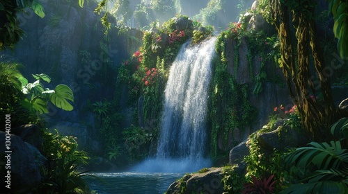 A tropical rainforest with a stunning waterfall cascading over mossy stones, surrounded by vibrant foliage and jungle vines