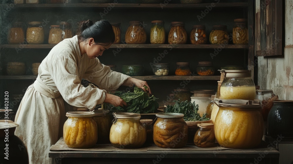 creating traditional pickled vegetables, where jars are carefully sealed and left to ferment in cool storage. creating traditional pickled vegetables, where jars are carefully sealed and left to ferment in cool storage.