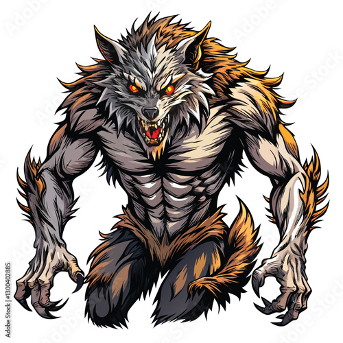 A terrifying werewolf mid-transformation, its fur erupting in a chaotic 'U' shape, revealing human features beneath.  Intense lighting, sharp detail.