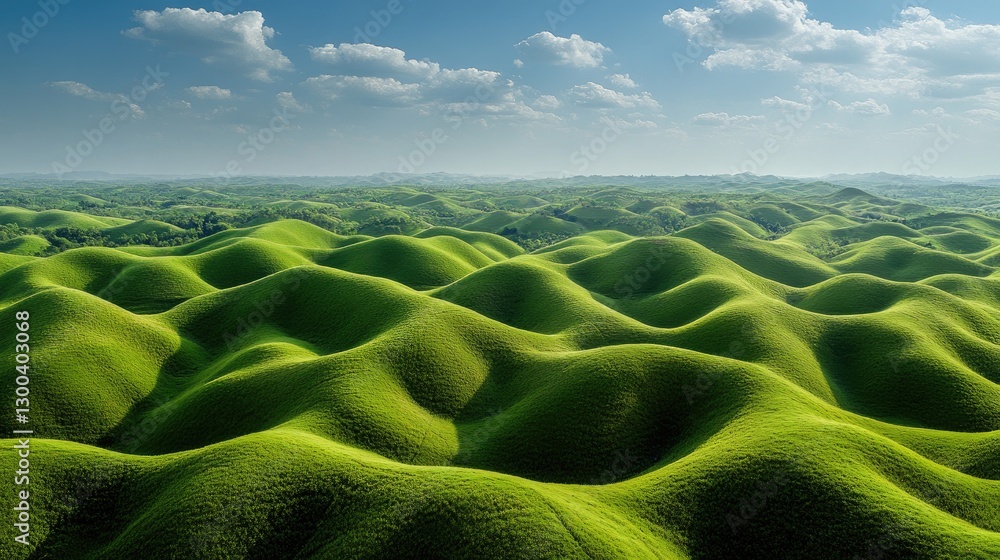 Fototapeta premium Rolling hills covered in green grass stretching endlessly under a bright blue sky, dotted with white clouds in a panoramic view
