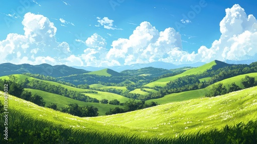 Rolling hills covered in green grass stretching endlessly under a bright blue sky, dotted with white clouds in a panoramic view