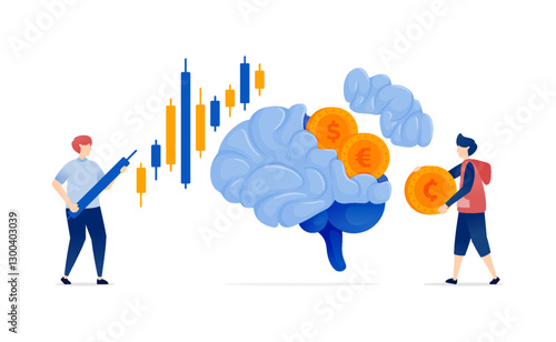 Illustration of People Using AI Brains Powered by Financial Data and Learning Machines to Resolve Investment Decisions and Enhance Banking and Payment Services Efficiency