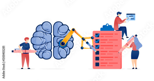 Illustration of People Using Cyborg Robot Arms to Complete Surveys, Exams, and Quizzes Powered by AI Brains in Developing Advanced Learning Machines for Innovative Education