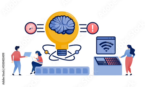 Illustration of People Using Internet-Connected Machines to Create Ideas Supported by an AI Brain, Delivering Speed, Alerts, and Efficiency for Streamlined Work