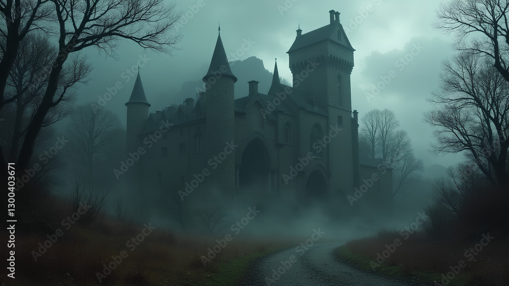 Obraz premium Eerie Castle in Misty Landscape