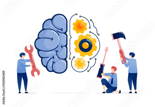 Illustration of People Repairing an AI Brain Mechanism with Tools Including Wrench, Screwdriver, and Hammer to Restore Network Gear Functionality