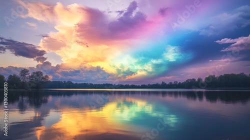 Wallpaper Mural A rainbow-colored cloud formation in the sky, the iridescent hues shimmering in the sunlight, creating an ethereal and beautiful scene over a peaceful lake. Torontodigital.ca