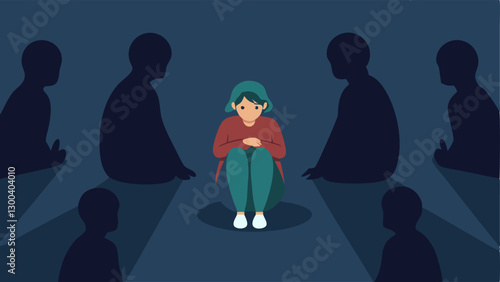 Trapped in Shadows A figure sitting alone in the corner of a dark room surrounded by large looming shadowy figures ing societal judgment depicting the feeling of being ped
