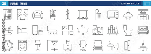 A set of line icons related to Furniture. Shelf, window, desk, wooden craft, wardrobe, workplace, beds, and so on. Vector editable stroke.