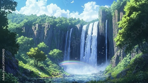 A Breathtaking Waterfall Cascades Down A Lush Green Cliff Face, Creating A Magical Rainbow At Its Base, A Serene And Enchanting Scene Bathed In Sunlight