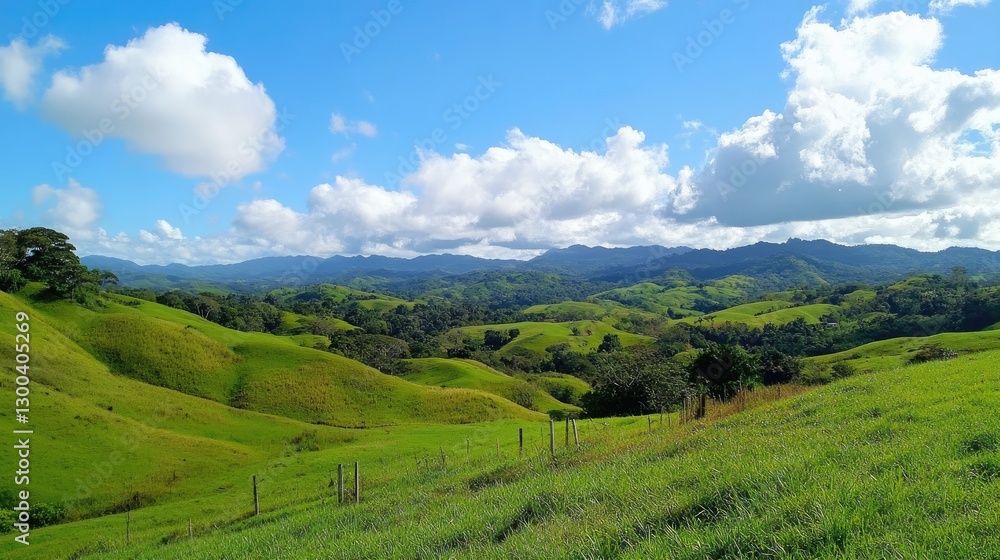 Fototapeta premium A peaceful panoramic view of rolling green hills under a bright blue sky, with soft white clouds enhancing the calming simplicity