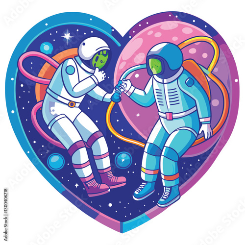 Two astronauts, tethered, perform a spacewalk amidst swirling nebulae; their oxygen tanks and equipment visible.  Detailed, realistic depiction.