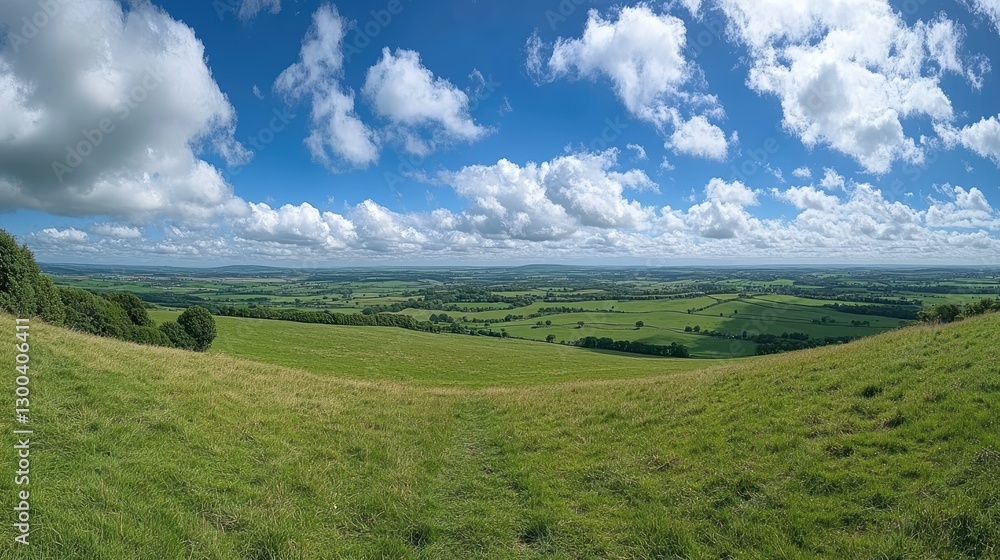 A stunning panoramic shot of rolling green fields under a crisp blue sky, with white clouds adding to the serene natural beauty A stunning panoramic shot of rolling green fields under a crisp blue sky, with white clouds adding to the serene natural beauty