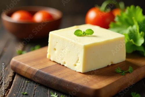 Creamy tofu cheese sitting alone on a wooden cutting board, kitchen, homemade photo