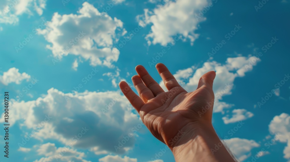 A human hand reaching out towards a bright blue sky filled with fluffy white clouds, symbolizing hope and aspiration A human hand reaching out towards a bright blue sky filled with fluffy white clouds, symbolizing hope and aspiration