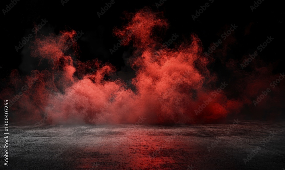 Black background with red smoke, concrete floor, dark room, night scene, studio backdrop for product display, abstract backdrop, mockup template Black background with red smoke, concrete floor, dark room, night scene, studio backdrop for product display, abstract backdrop, mockup template