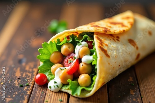 Crunchy wrap filled with chickpeas, crunchy veggies and creamy tzatziki sauce on a toasted whole grain background , tzatziki, wrap