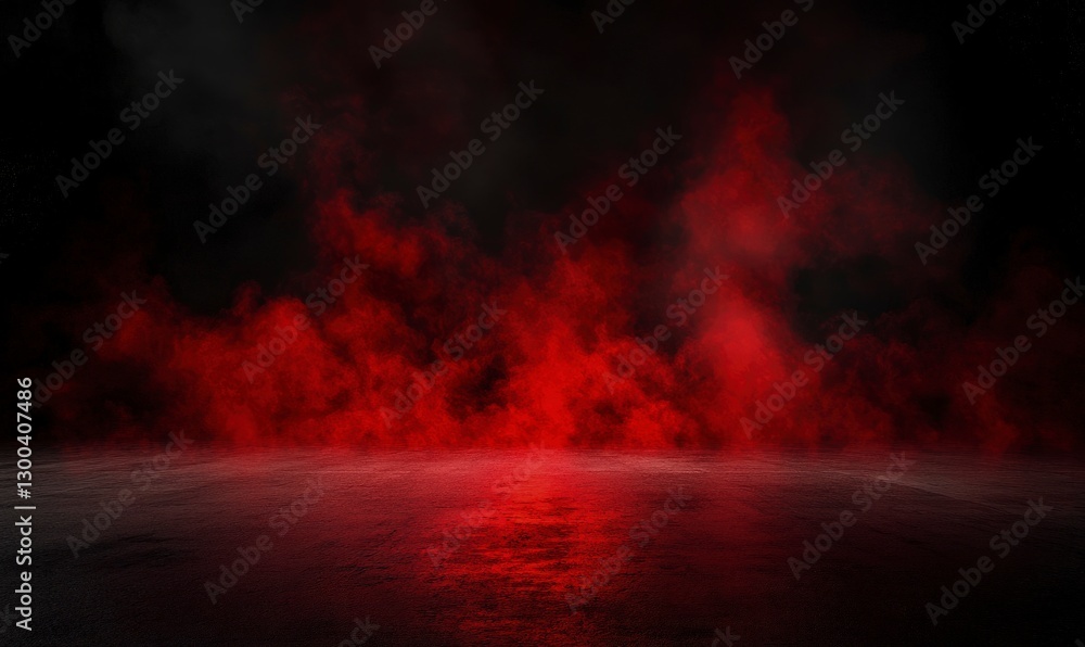 Obraz premium Black background with red smoke, concrete floor, dark room, night scene, studio backdrop for product display, abstract backdrop, mockup template
