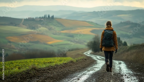Woman walks country road; hills and fields stretch back