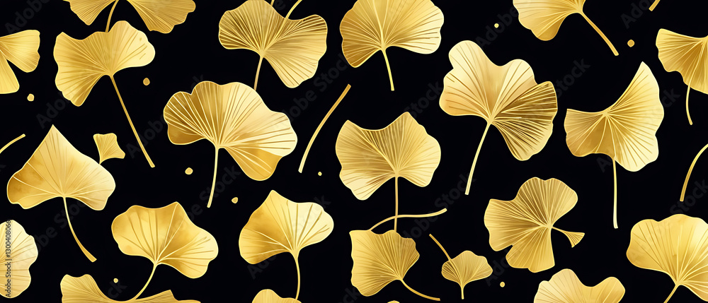 Golden ginkgo leaves pattern on black background for elegant design Golden ginkgo leaves pattern on black background for elegant design