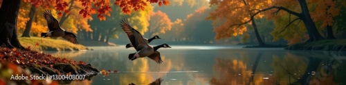 Geese flying low over calm autumn pond, colorful foliage, scenery, vibrant