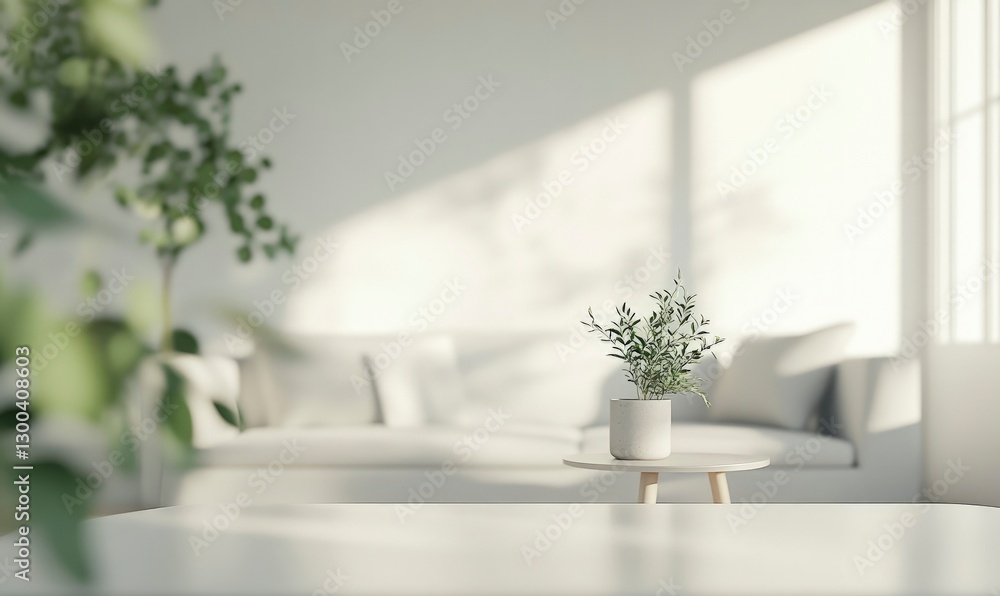 Blurred living room interior with a sofa, coffee table, and plants in a white color tone. Scandinavian home decor design. Blurry background of a minimalist apartment for decoration ideas Blurred living room interior with a sofa, coffee table, and plants in a white color tone. Scandinavian home decor design. Blurry background of a minimalist apartment for decoration ideas