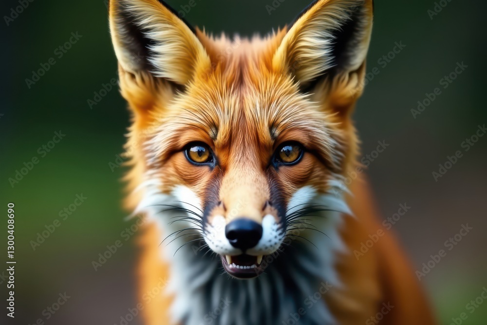 Fototapeta premium Fox gazes directly at camera with piercing brown eyes and sharp white teeth, fox, red fox