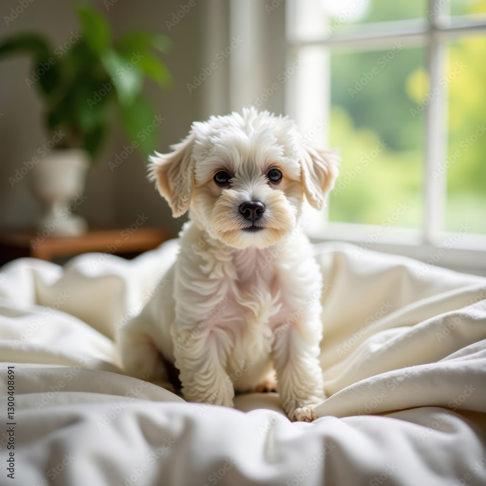 Fluffy white Bichon Frize puppy sitting on a soft bed with a window view of a beautiful garden outside, , soft bed Fluffy white Bichon Frize puppy sitting on a soft bed with a window view of a beautiful garden outside, , soft bed