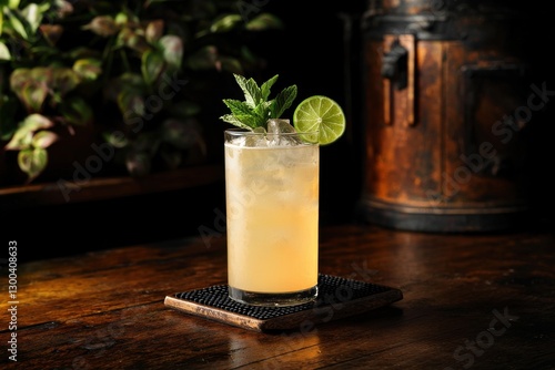 A refreshing cocktail with a vibrant color, garnished with fresh mint and lime, displayed beautifully on a wooden bar with rustic elements in the background. photo