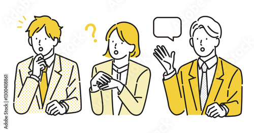 イラストセット素材：ビジネスパーソンの考える・悩む・困った表情パターン
