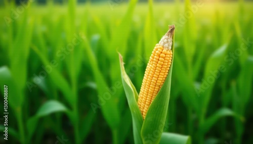 Fresh ear of corn on the cob in a lush green cornfield, corn, harvest