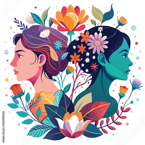 Two intricately detailed profile portraits face each other, their internal thoughts visualized as swirling abstract forms.  Illustrative style.