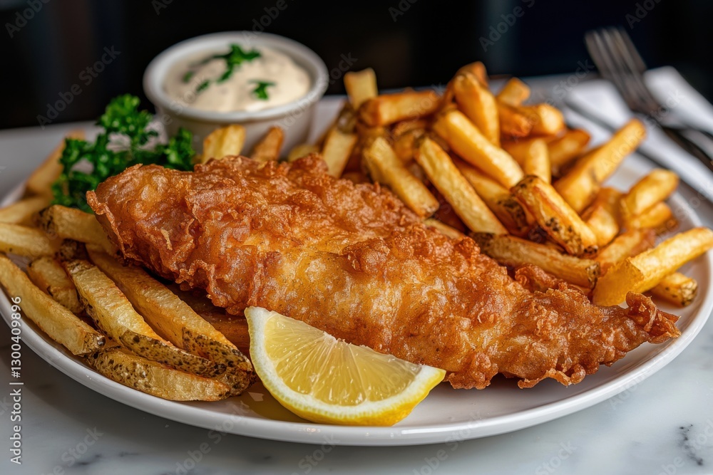 A freshly prepared plate of fish and chips with a lemon wedge and tartar sauce, presented on a white plate with cutlery, showcasing a restaurant-style meal. A freshly prepared plate of fish and chips with a lemon wedge and tartar sauce, presented on a white plate with cutlery, showcasing a restaurant-style meal.