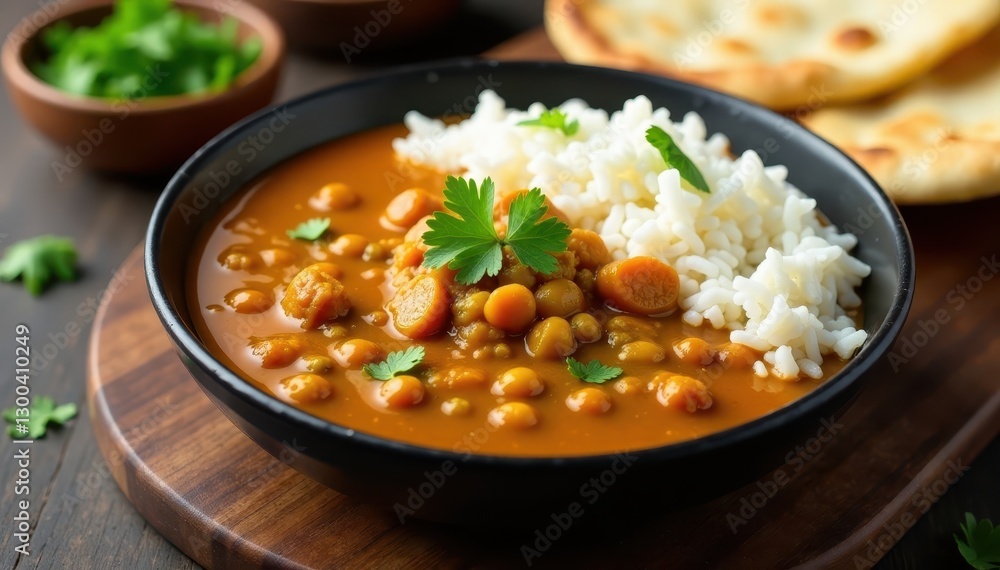 Hearty lentil dal in a rich, flavorful broth served with steamed rice and a side of warm naan bread, flatbread, vibrant colors Hearty lentil dal in a rich, flavorful broth served with steamed rice and a side of warm naan bread, flatbread, vibrant colors