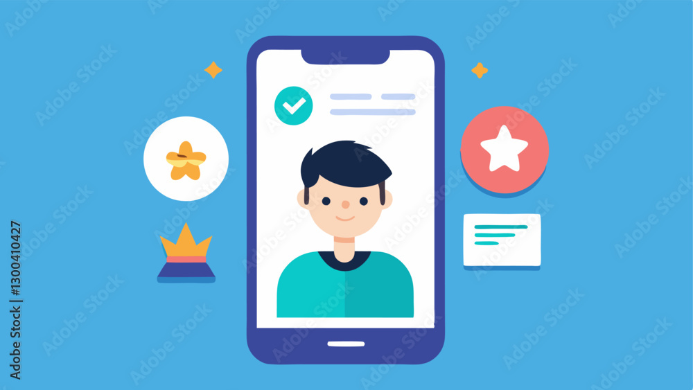 User Profile Growth A smartphone with a user profile on the screen showing progress graphs and achievement badges for completed mental health exercises emphasizing personal growth.